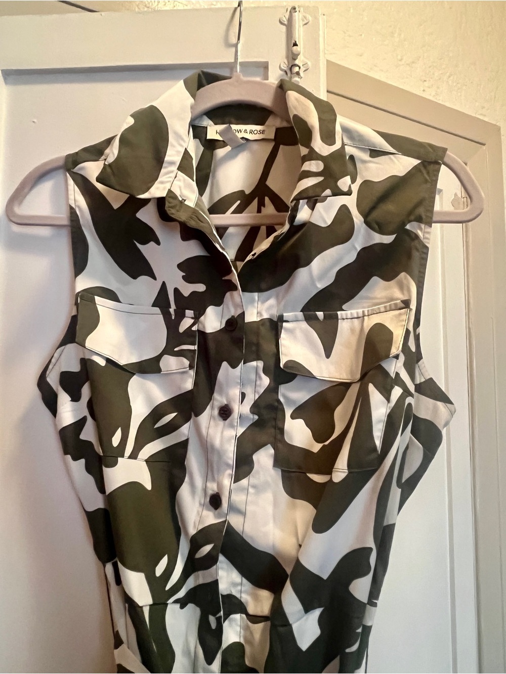 Harlow & Rose Sleeveless Camouflage Utility Jumpsuit - Olive & White